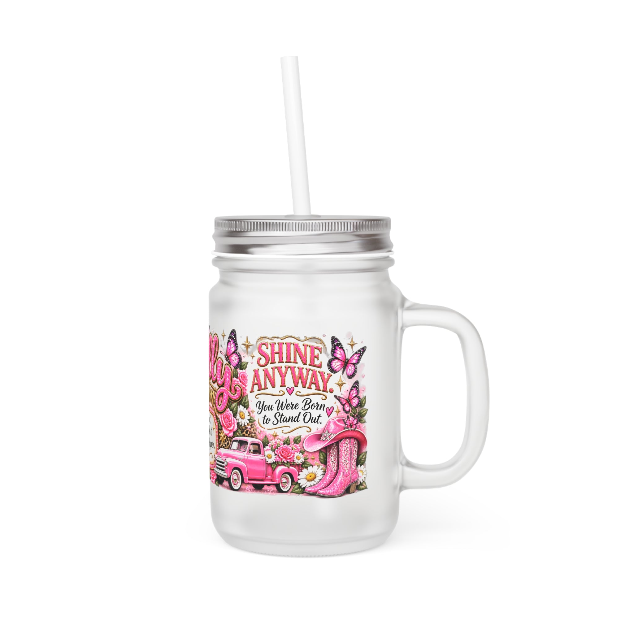 Dolly Inspired Pink Country Glam 12oz Mason Jar