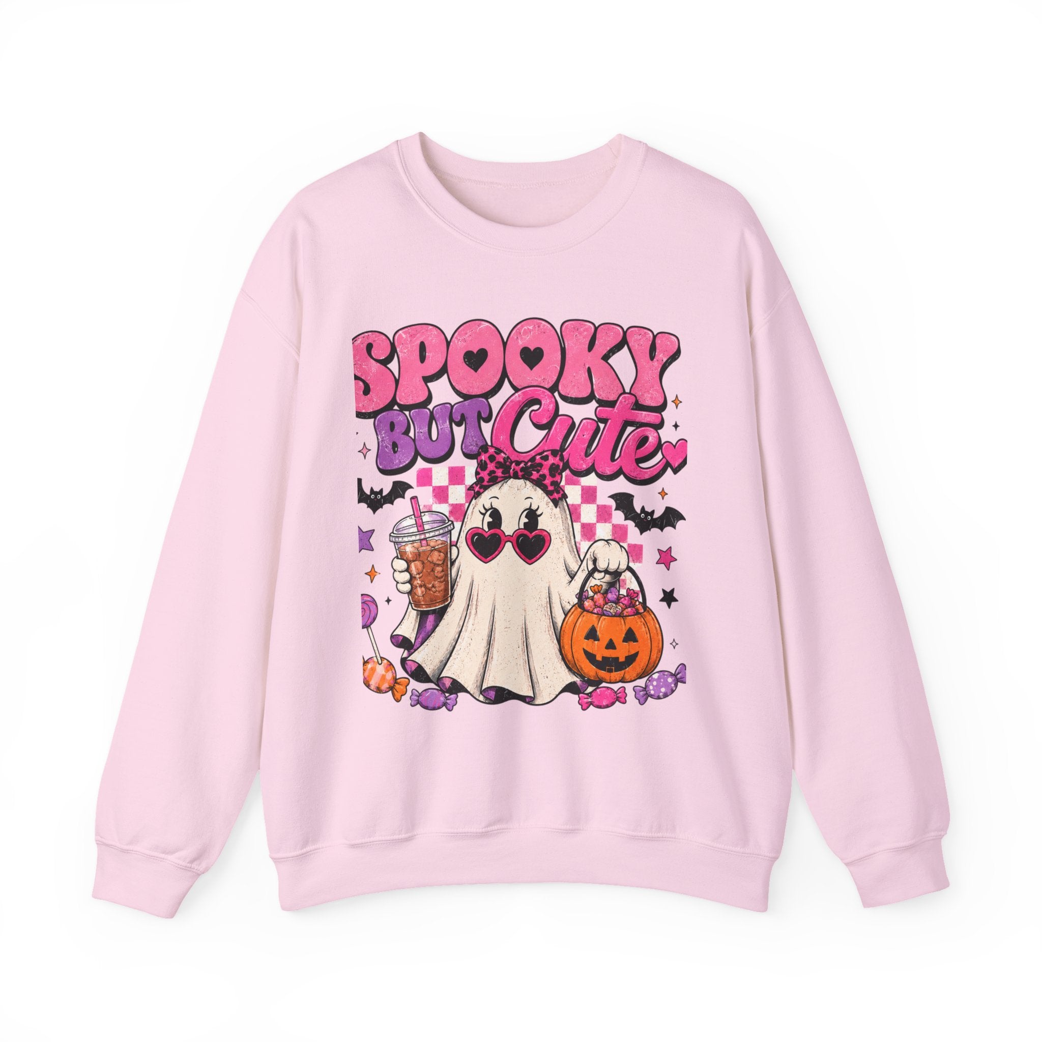 Spooky But Cute Halloween Ghost Crewneck Sweatshirt | Pink Halloween Candy Sweater