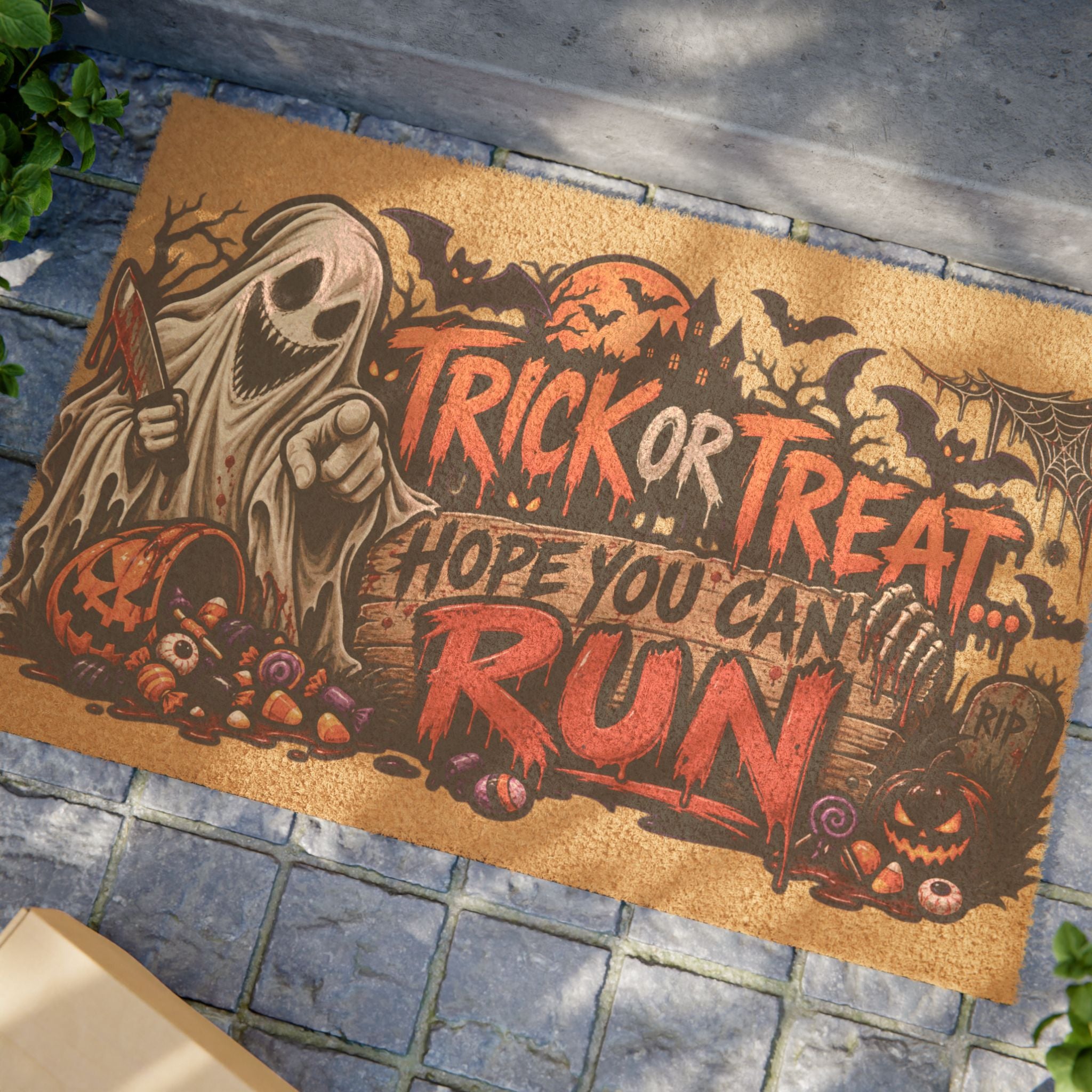 Trick or Treat Hope You Can Run Halloween Doormat