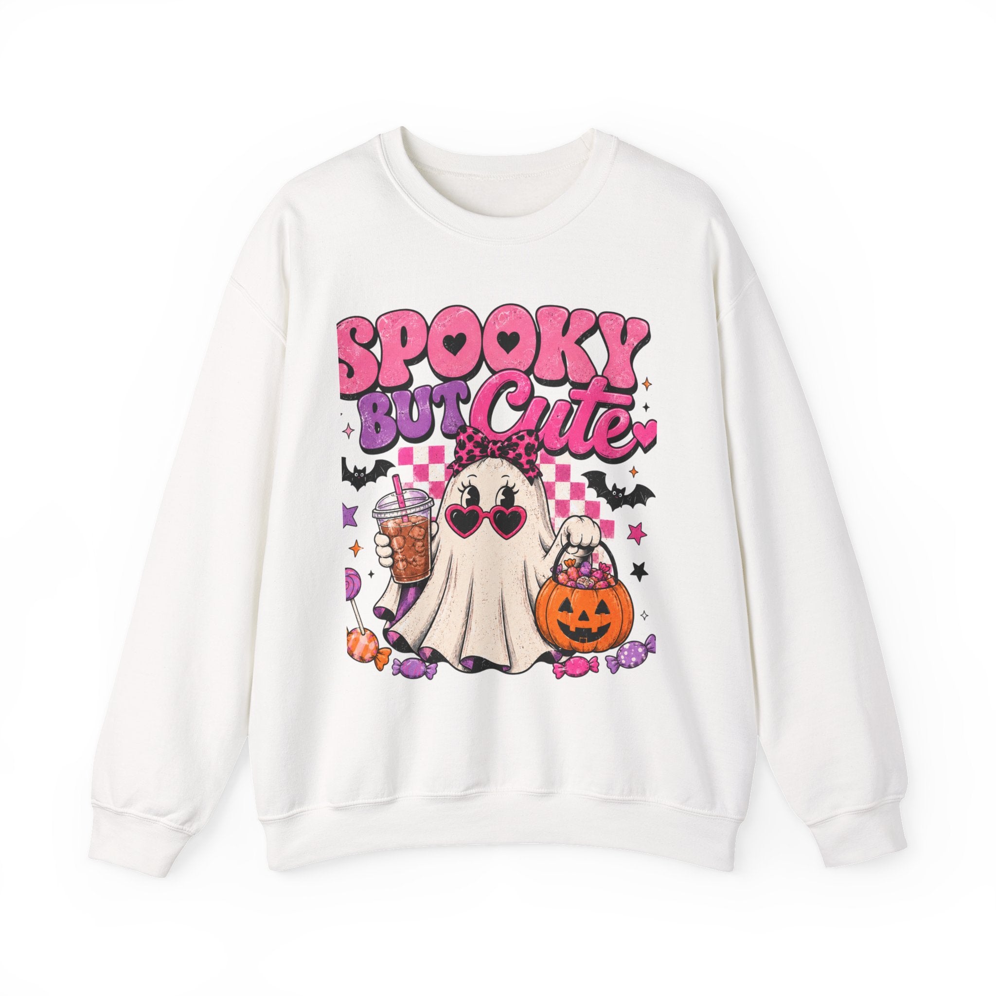 Spooky But Cute Halloween Ghost Crewneck Sweatshirt | Pink Halloween Candy Sweater