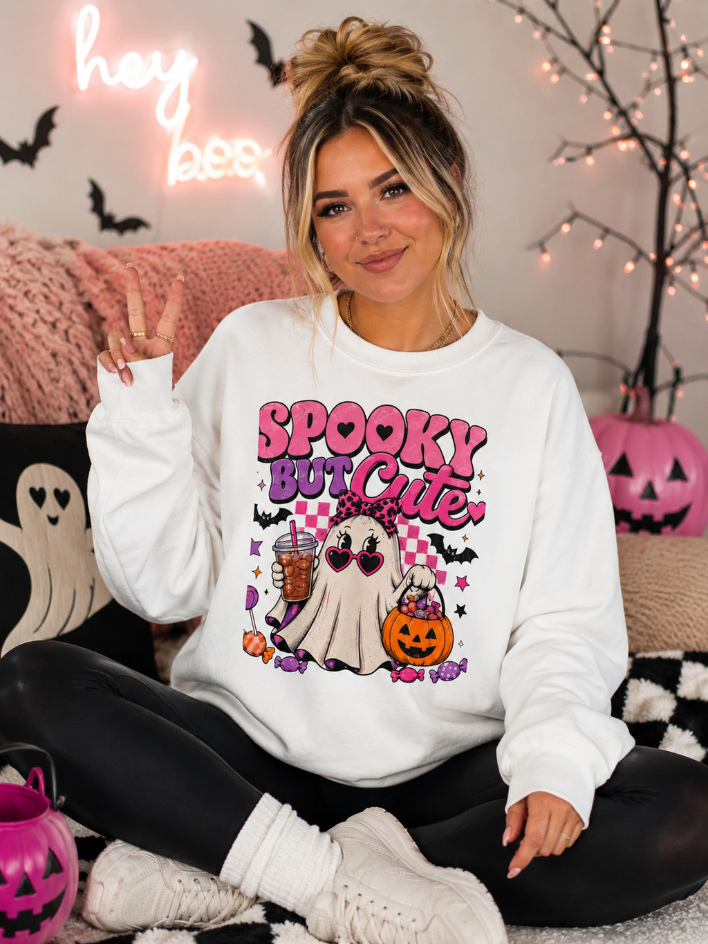 Spooky But Cute Halloween Ghost Crewneck Sweatshirt | Pink Halloween Candy Sweater