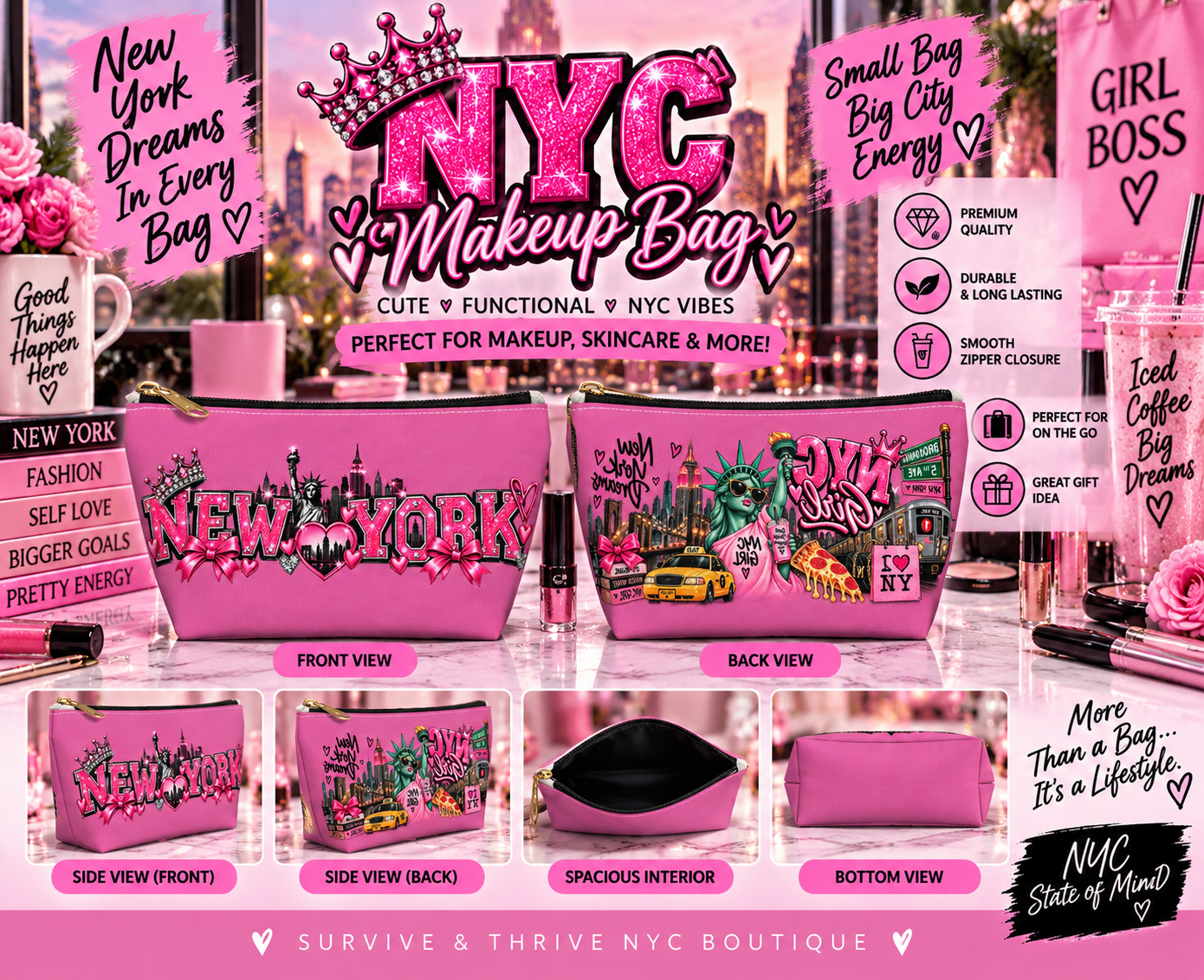 NYC Girl Glam Makeup Bag – Pink New York Accessory Pouch 💕🗽✨