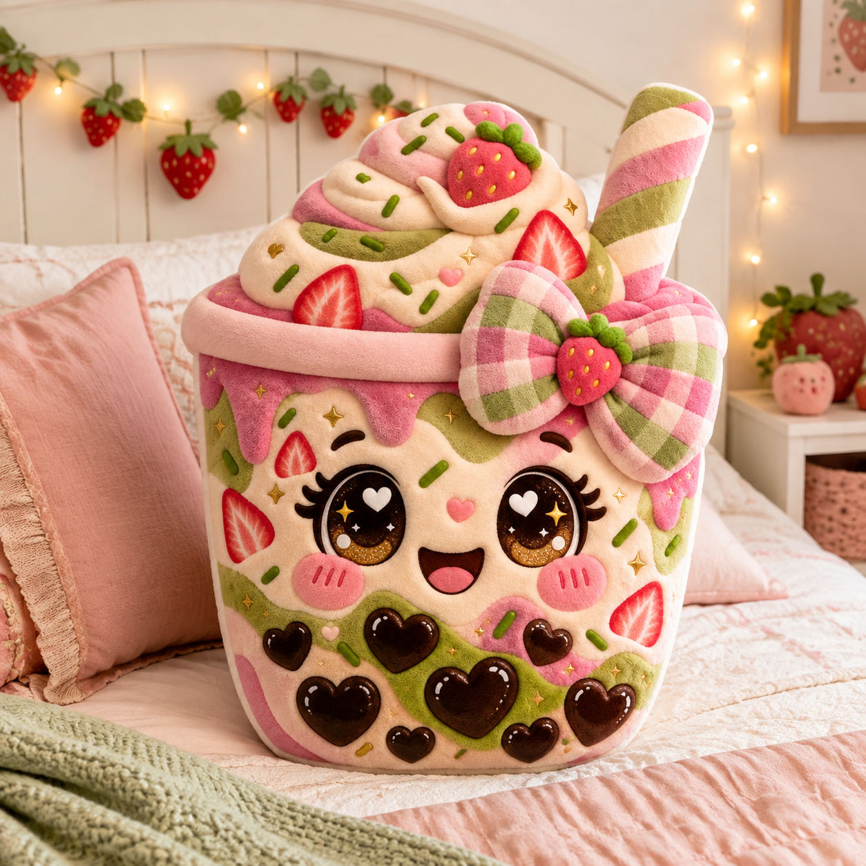 Strawberry Matcha Boba Bestie 3D Shaped Plush Pillow