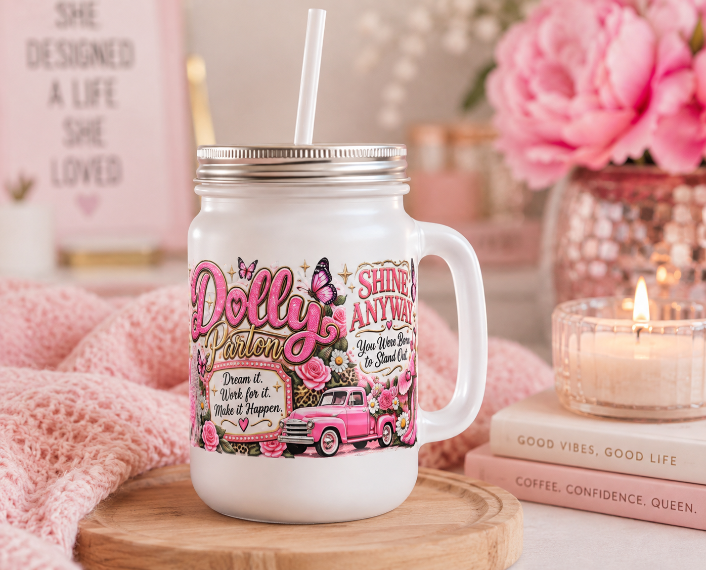 Dolly Inspired Pink Country Glam 12oz Mason Jar